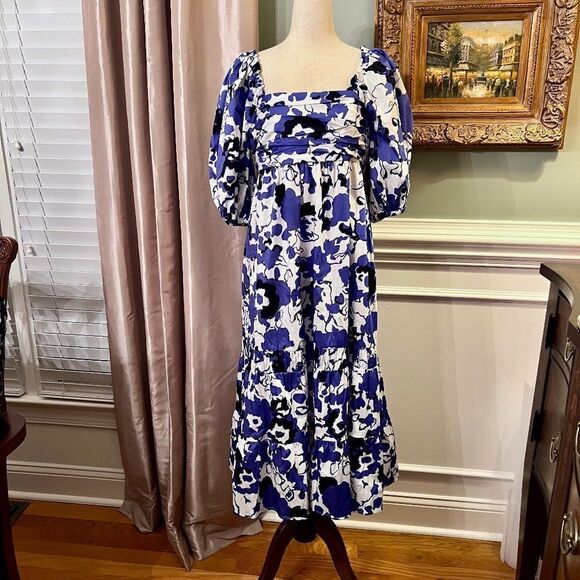 NWT Crosby Mollie Burch Emerson Indigo Blooms Blue White Floral Midi Dress SMALL - Picture 1 of 3